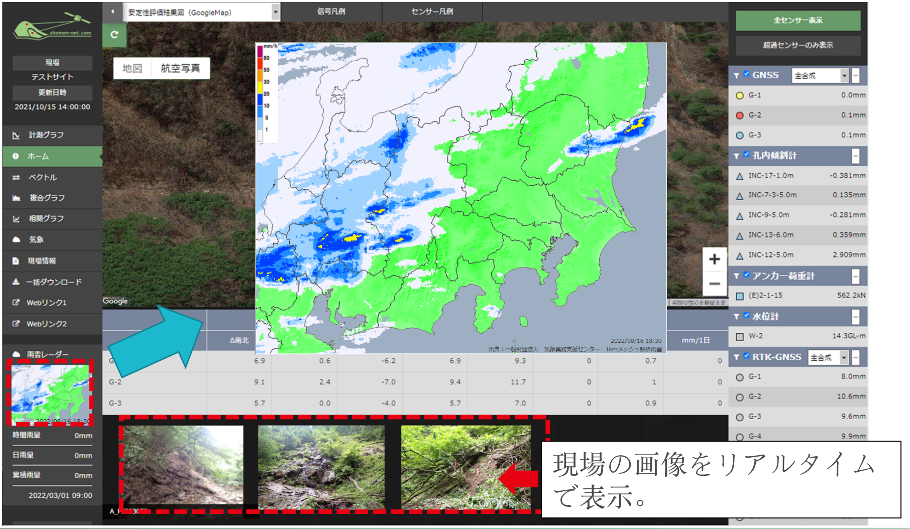 図：クラウド型変位計測監視システム_雨雲レーダー・現場カメラ画像